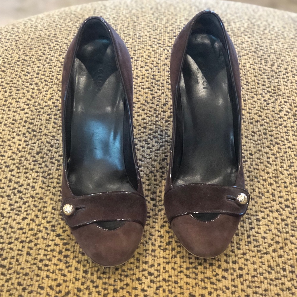 Brown suede Gucci loafer heels